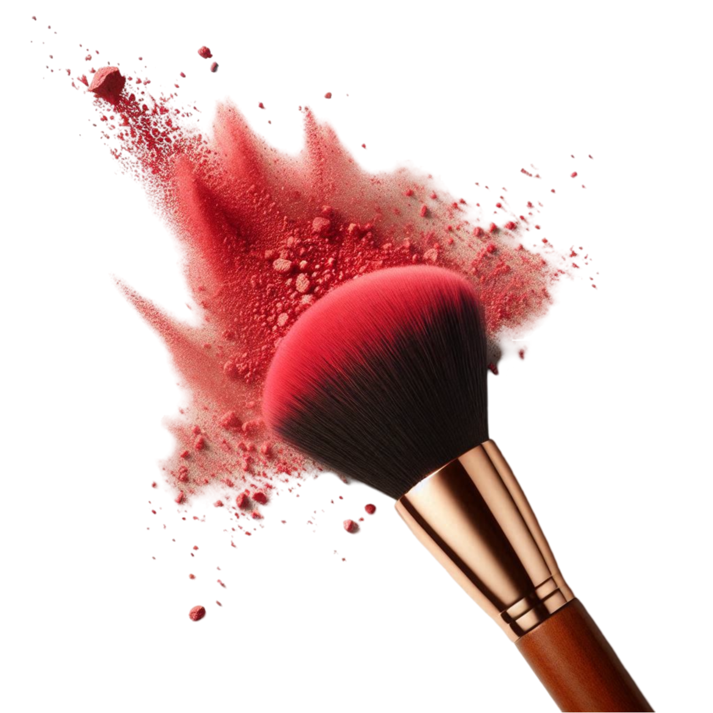 Rose-gold brush releasing a burst of blush pigment